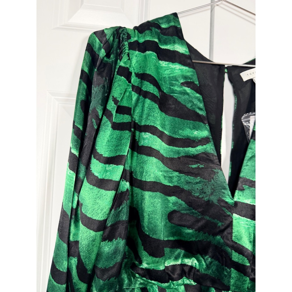 NWT Topshop Green Black Zebra Print Ruched V-Neck Midi Dress Long Sleeve sz12 - Picture 9 of 13
